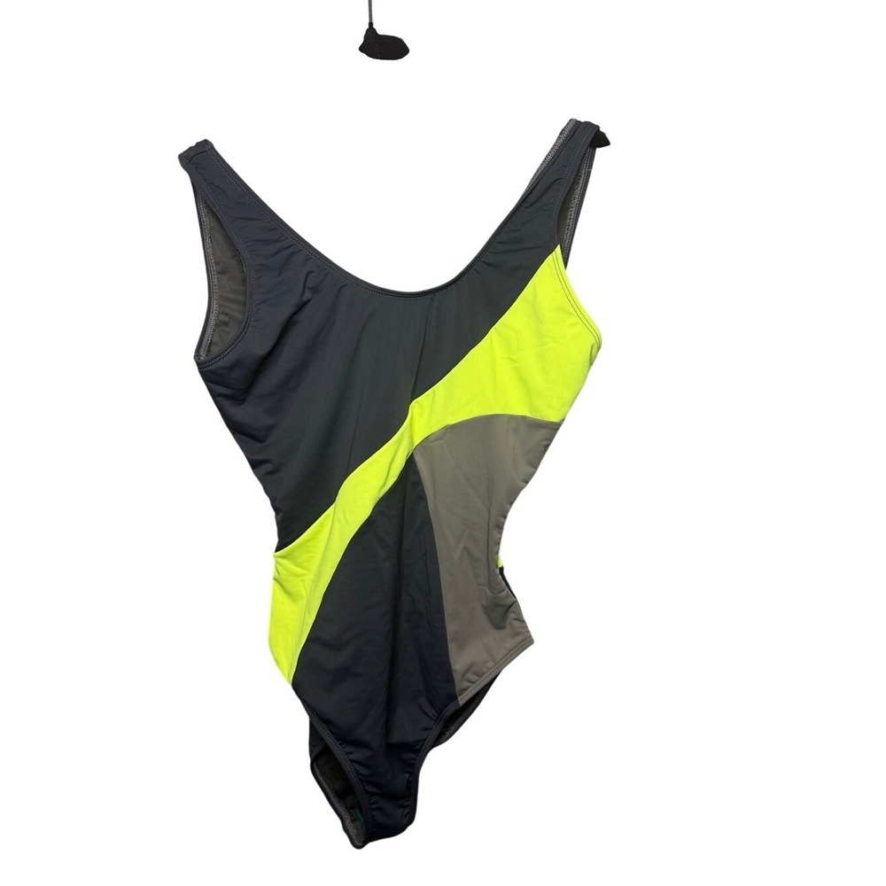 Icon Swim Womens Colorblock One Piece Swimsuit Neon Yellow Gray Olive Small NWT